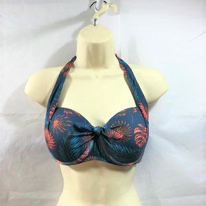 La & Mar Womens Bikini Swim Top Size XL Padded Ties Tropical Leaves Blue Orange